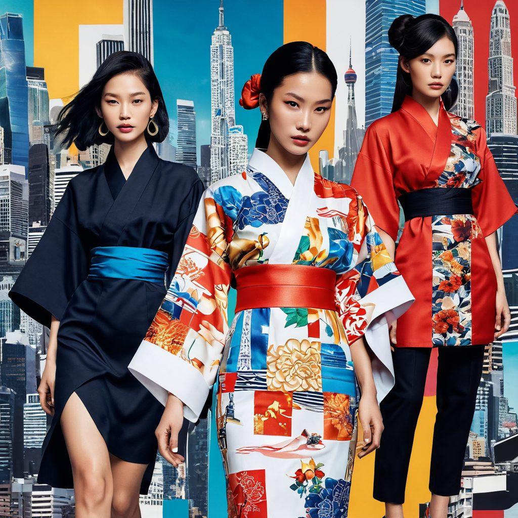 A dynamic collage showcasing diverse Asian fashion trends like kimono, cheongsam, and streetwear, intertwined with global influences such as Western styles. Include vibrant colors, a mix of modern and traditional patterns, and silhouettes that celebrate cultural fusion. Background should feature iconic city skylines representing global fashion capitals. super-realistic. vibrant colors. high contrast.