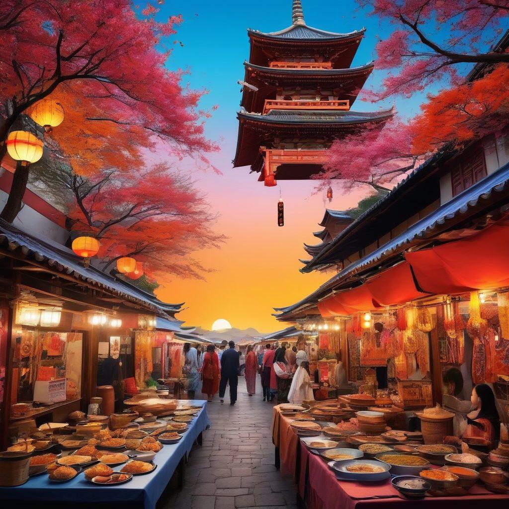 A colorful and diverse collage showcasing Asian culture, featuring intricate traditional garments like kimonos and sarees, aromatic street food stalls with an array of dishes, and vibrant festivals with dynamic decorations. Include elements resembling iconic architecture like pagodas and temples. The overall ambiance should feel lively and rich in detail, inviting viewers to explore. super-realistic. vibrant colors. intricate details.